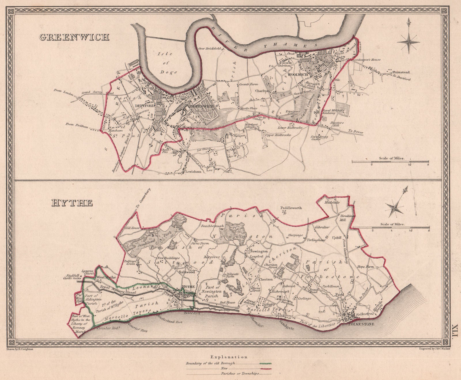 KENT TOWNS. Greenwich Hythe borough plans. CREIGHTON/WALKER 1835 old map